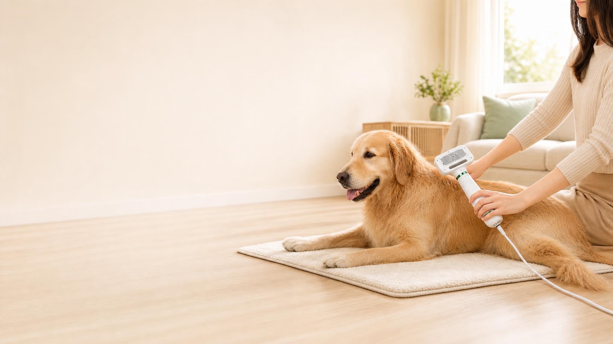 Relaxed golden retriever being dried and brushed at the same time