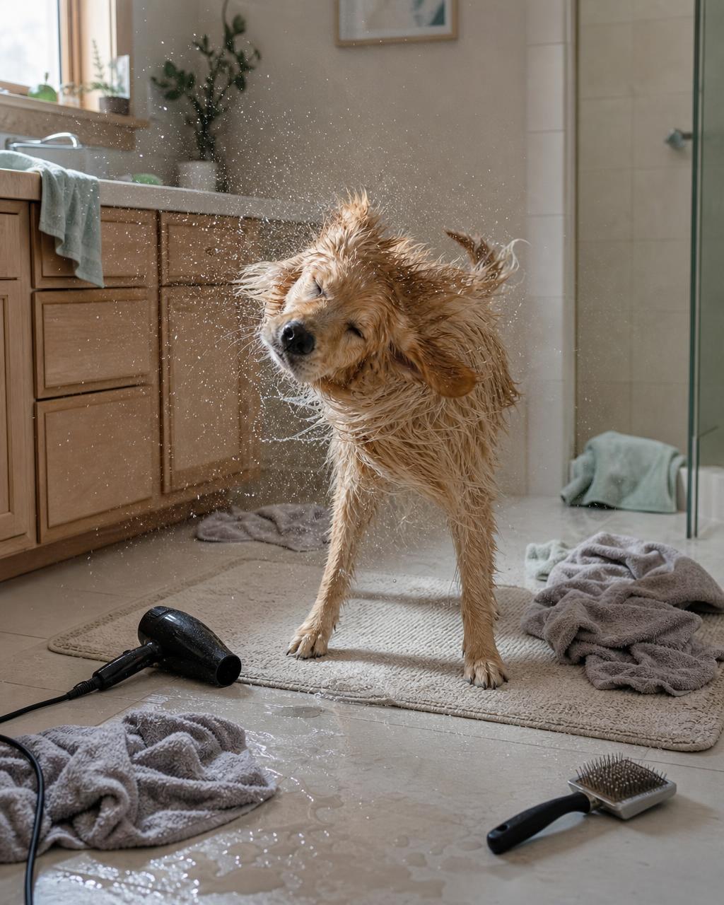 Wet dog shaking off among towels, with a separate dryer and brush