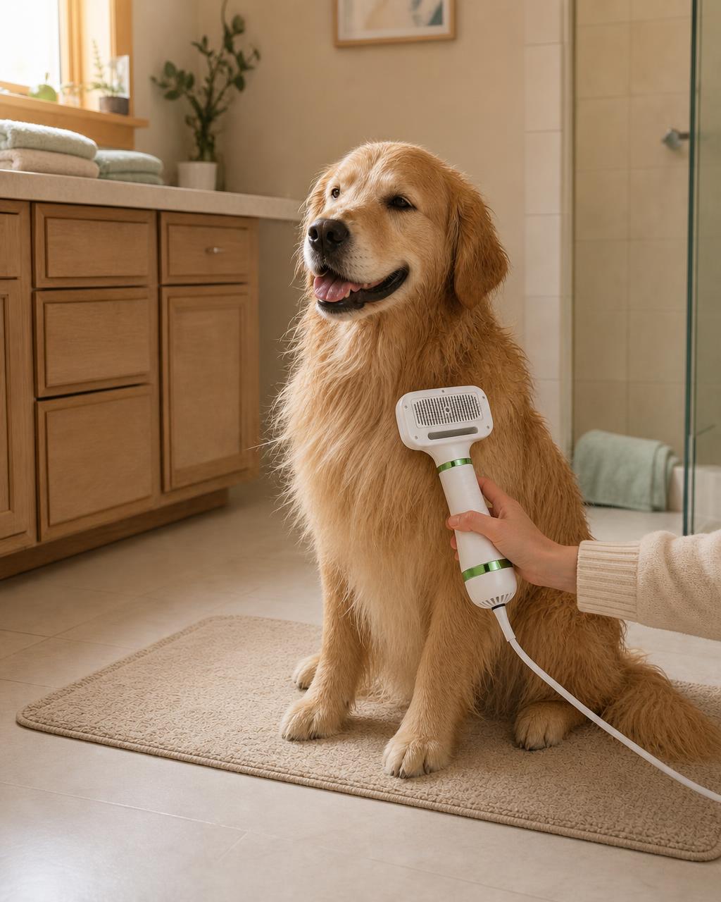 Calm dog being dried and brushed with the 2-in-1 dryer brush